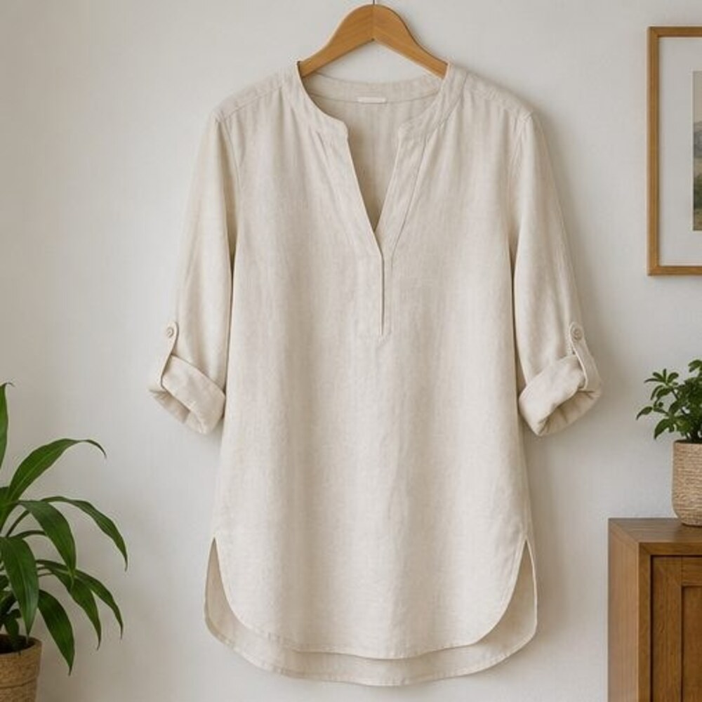 Cream Split Neck Tunic Blouse